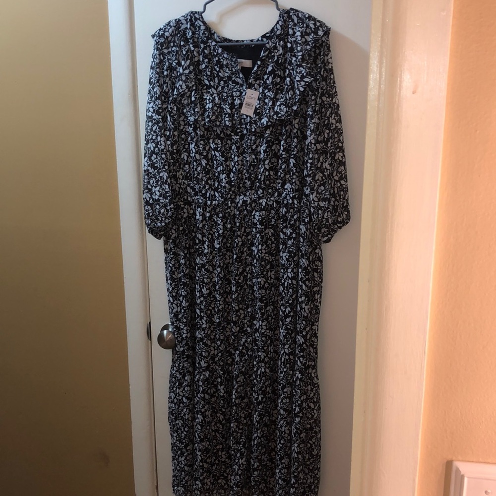 LOFT Black and White Floral Midi Dress
